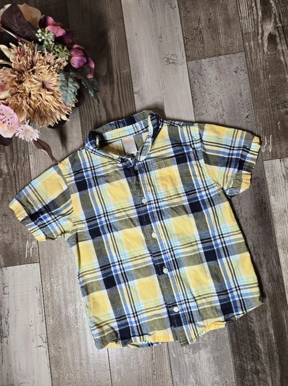Gymboree Yellow and Blue Plaid Button‑Down Shirt – Boys Size 5T
